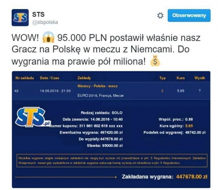 Koleś postawił 95 tysięcy złotych na Polaków Sport   