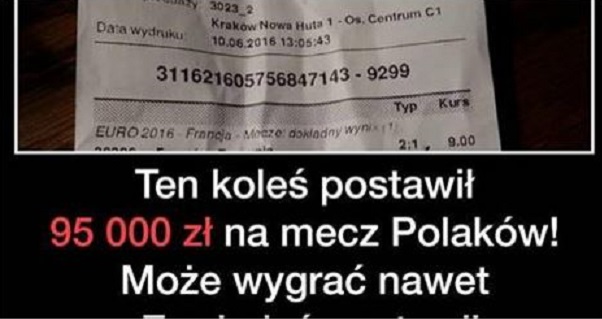 Koleś postawił 95 tysięcy złotych na Polaków Sport   
