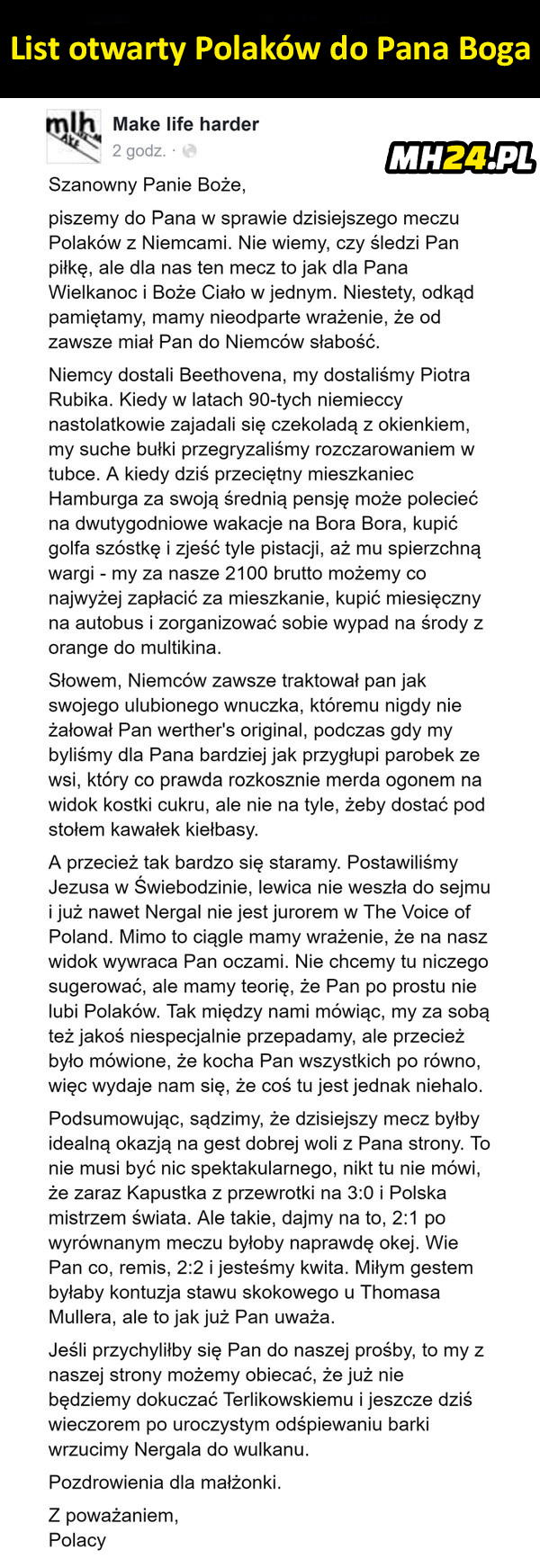 List otwarty Polaków do Pana Boga Sport   
